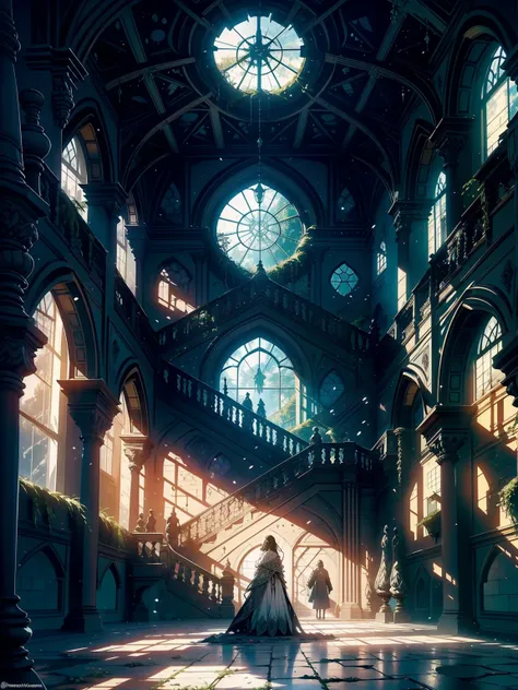 An interior view of a sprawling, abandoned castle reveals a majestic yet decaying environment. The grand halls and crumbling corridors are adorned with intricate stonework, broken stained glass windows, and weathered tapestries. The once-imposing architect...