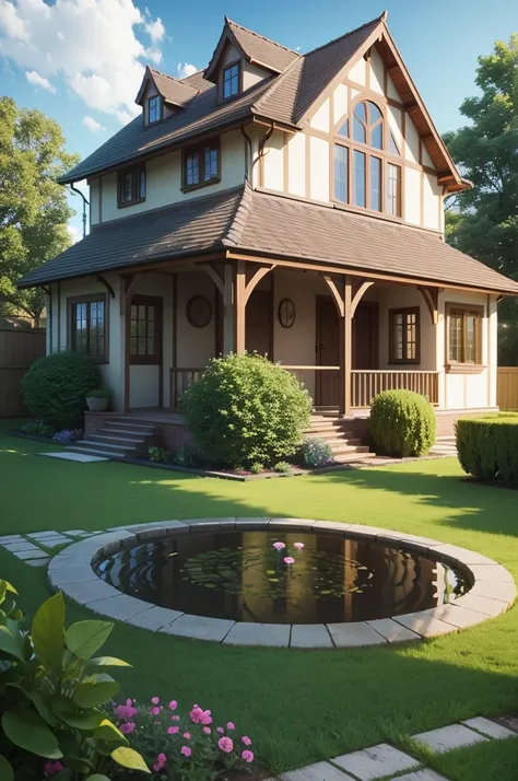 Beautiful house in the garden, 3D perspective, realistic, 4k, hd