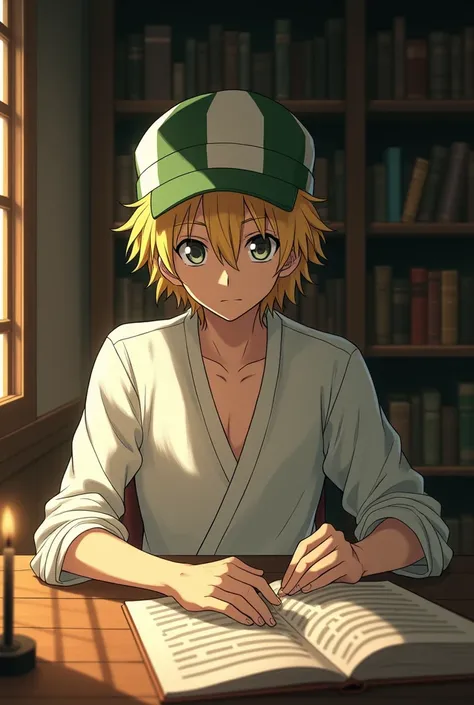 Blond anime character kisuke urahara from bleach studying 