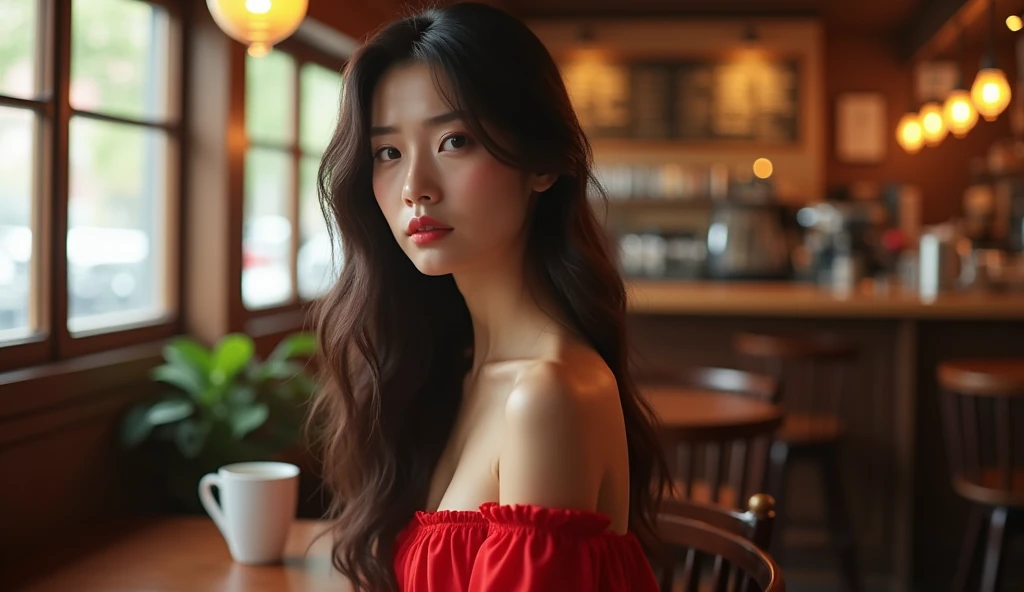 Pretty japanese woman, she has very beautiful long hair, She is at a coffee shop., with a seductive look, wearing a pretty red dress, detailded, photoshot_( ultra), photoshotrealisitic, realisitic, Post-processing, Maximum details, roughness, real-life, ul...