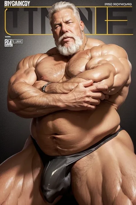 Hyperrealistic image of two black-skinned men on the cover of a gay erotic magazine posing hugging each other like very muscular superheroes with grey hair, very old and very sweaty bodybuilder over 80 years old..very muscular and fat, He weighs more than ...