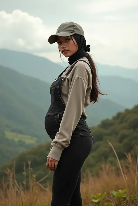 full-body portrait photograph of a young java woman hijab with polo Cap, wearing pinafore with tight-fitting , hotpant with leggings, oversized_breasts.", she is hiking, beautiful_breasts. sensual body, in a unique, photoshot model, ((In front of savvana i...