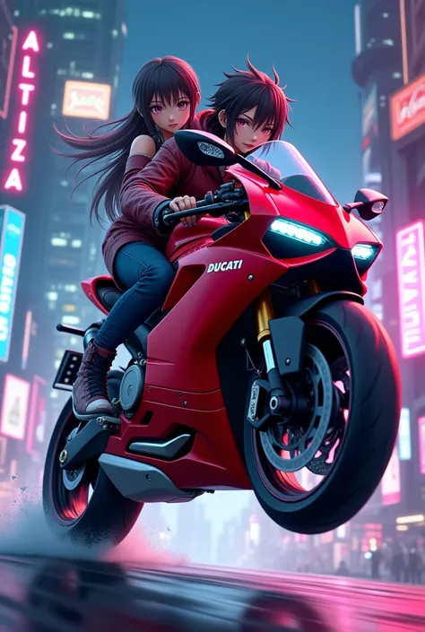 Ducati with wheelie boy (anime) is riding and a girl (anime) is sitting behind him realistic neon light in cyberpunk city cinematic in background "ALTIZA" is written.