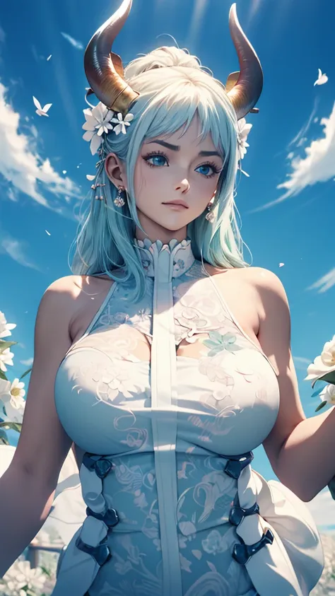 Official Art, Unity,8k wallpaper, Correct Anatomy，Very detailedな, Beautiful yet fleeting、((Two horns grow from the head))Japan、beautiful, masterpiece,((One Woman)) Highest quality,White flower, ((Large Breasts))Flower Ecstasy, Very detailed, Light blue hai...