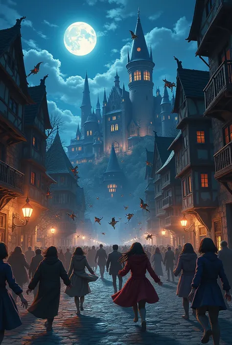 Fantasy anime style city in the middle ages attacked by goblins panic people animation night 