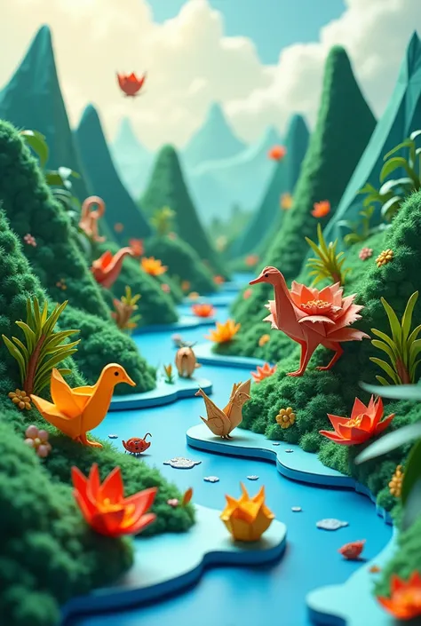 A vibrant origami landscape, with intricate paper sculptures of animals and plants.