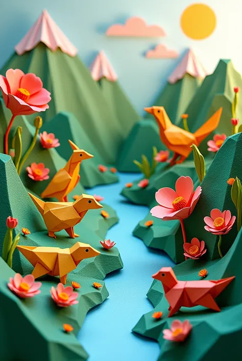 A vibrant origami landscape, with intricate paper sculptures of animals and plants.