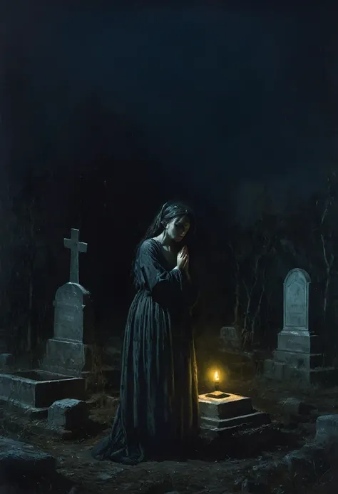 painting of a woman cries in russian cemetery at night near grave, dark atmosphere, cinematic scene, volumetric lights, in the style of nicola samori