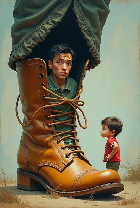 A man inside a giant child&#39;s shoe, a child next to the man