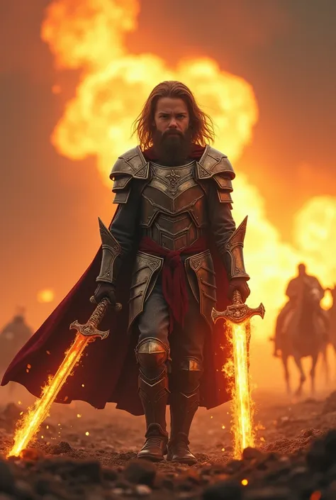 Dramatic and stylized  a heroic boy in the center. The subject is a boy with long hair and a beard, wearing a detailed, metallic armor suit with a flowing cape. He holds a glowing, fiery sword in his right hand. The background is filled with intense, fiery...