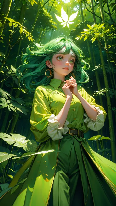 A beautiful, cute girl with wide, excited eyes, standing in a lush, vibrant green jungle. She is wearing a green outfit—a casual green shirt with rolled-up sleeves and matching green pants. Her expression is filled with awe and excitement as she looks up w...