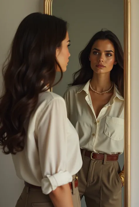 A stunning young woman with long, flowing dark brown hair parted in the middle, capturing her reflection in a mirror. She exudes an effortlessly chic vibe, dressed in a classic button-up shirt paired with high-waisted trousers. Her look is completed with e...