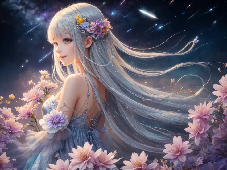 ((Silver colored hair、long hair)) ,((Wear a colorful floral satin dress)),Branch of delicate lilac flowers, Ultra-transparent, holy Light, beautiful spectral Light, Petals Shine, Blink,drops of transparent Light, reflective Light, bright, Light streaming i...