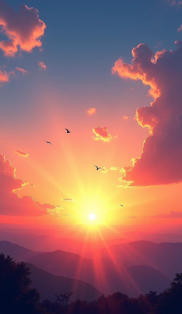 Generate a beautiful sunrise with few clouds and bright sun ultra realistic 8k full hd with some birds in the sky 