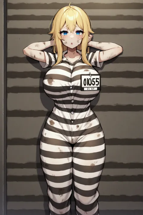 Huge breasts, Prisoner,mugshot,height chart,　　hold　mugshot　board,Girl in prison, Imprisonment, Imprisonment, Black and white prison jumpsuit, Long blonde hair, blue eyes,mud stains,dirty face,dirt on face,dirty clothes,stain on crotch,