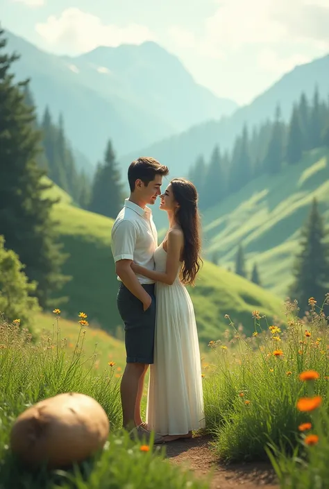 Love girl and boy in mountain view 
Trees, hill , flowers, big potato , girl in white dress 