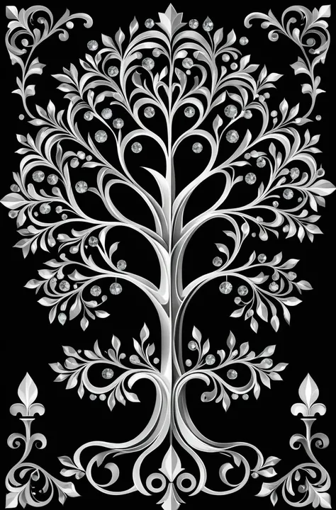 Nordic tree-shaped solitaire，Flat style， abstract artistic，Graphic design，symmetry, Math, Renaissance, Oil painting, 2D canvas, highly detailed, complex, Classic paint, Black monochrome, crystals, opulent, lap, gothic ornament, Graphic design