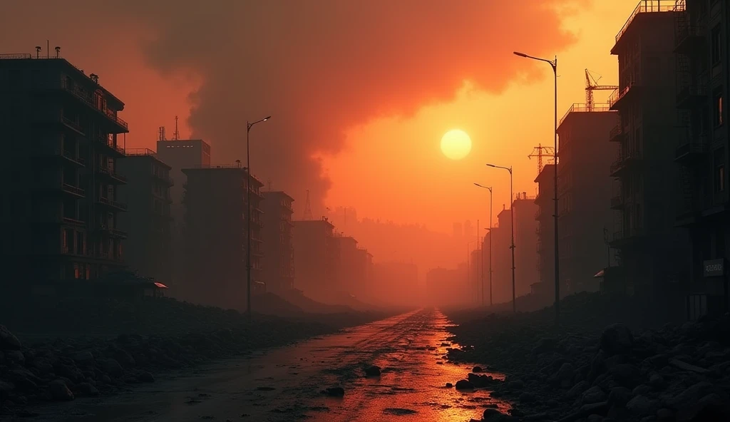 A photo of a large city at dusk, with a catastrophic shadow of darkness.  dust, casting a strange orange hue over the city.  Buildings are silhouetted against the orange sky, with some partially collapsed.The streets are empty, with rubble strewn about. Th...