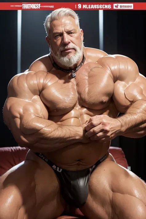 Hyperrealistic image of two black-skinned men on the cover of a gay erotic magazine posing hugging each other like very muscular superheroes with grey hair, very old and very sweaty bodybuilder over 80 years old..very muscular and fat, He weighs more than ...