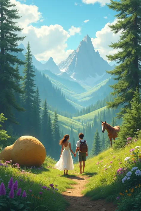 Love girl and boy in mountain view 
Trees, hill , flowers, big potato , girl in white dress, boy are prince, horse , magical world 