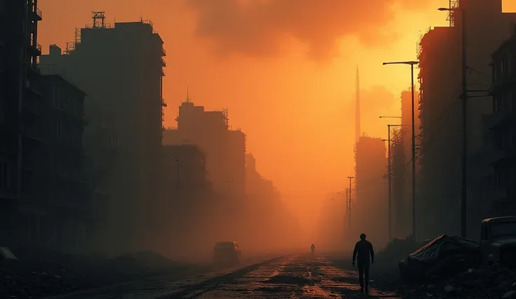 A photo of a large city at dusk, with a catastrophic shadow of darkness.  dust, casting a strange orange hue over the city.  Buildings are silhouetted against the orange sky, with some partially collapsed.The streets are empty, with rubble strewn about. Th...