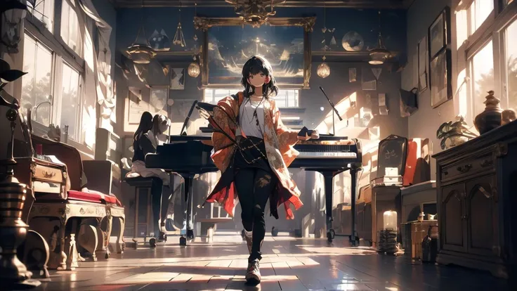 "score_9, wide_shot, full_body_shot, balanced_composition, focus_on_person_6, environment_detail_8_and_above, deep_Makoto_Shinkai_style, Korean_woman, dynamic_pose, cinematic_lighting,

In an old, worn-out room, various musical instruments are scattered ar...