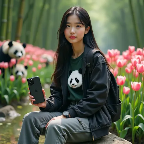 Beautiful Korean girl, white skin, well-groomed face, long straight black hair, wearing a black jacket, jeans, dark green highlighter t-shirt, panda print, cargo pants, backpack, wearing a cool watch, sitting on a rock holding an iPhone 14 Promex, there ar...