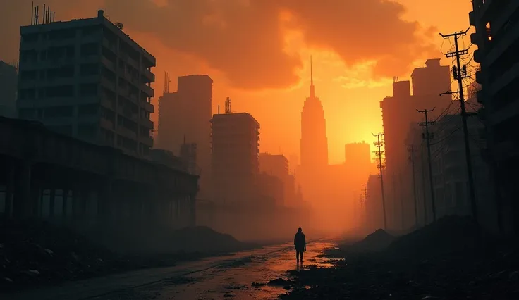 A photo of a large city at dusk, with a catastrophic shadow of darkness.  dust, casting a strange orange hue over the city.  Buildings are silhouetted against the orange sky, with some partially collapsed.The streets are empty, with rubble strewn about. Th...