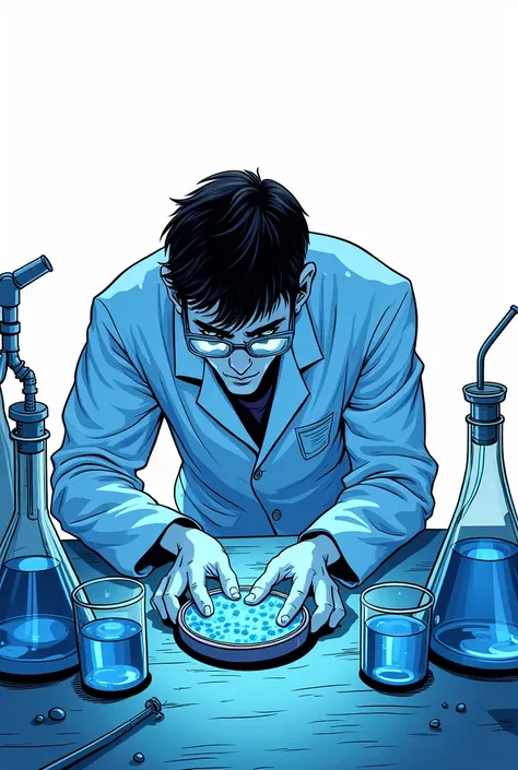 comic book art with a white background of a scientist doing a bacteria culture in shades of blue