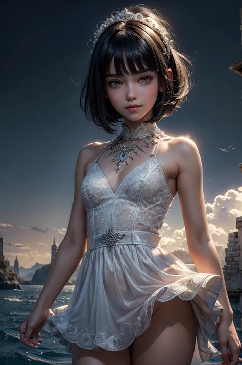 ((masterpiece, best quality, ultra-detailed, high resolution, extremely detailed CG, super detailed, Most beautiful clean lighting)), 1girl, small girl, under 12, cute girl, pretty face, smile, white skin, Beautiful black hair, hair cut in a row, bob cut, ...