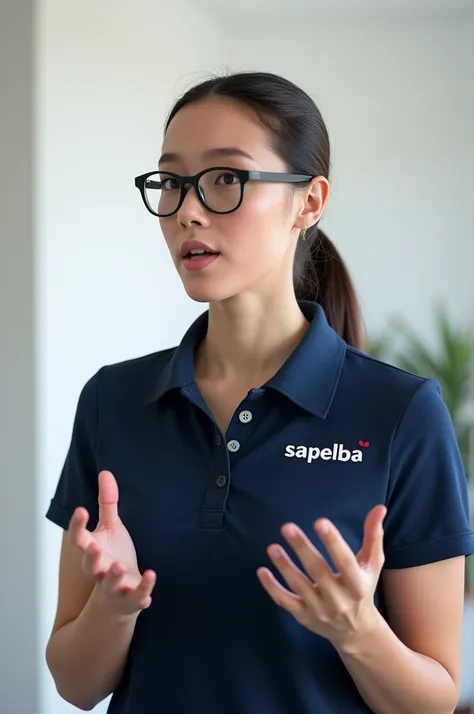 a one woman, with a ponytail wearing glasses as if explaining something, and she is in a room alone with white walls, with a navy blue polo shirt and has the name written on the right side of the chest "Sapelba"