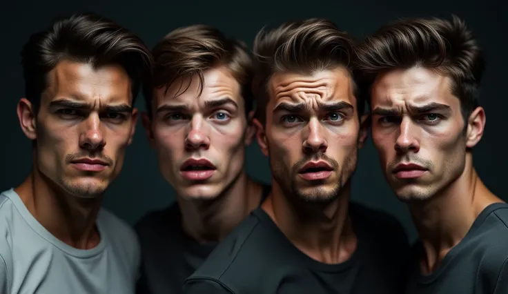 Create 4 2 good looking boys with some face standing expressing different emotions, 1 is Anger, 1 is disgusted, 1 is joy, 1 is stressed, 1 character in multiple personalities, 8k very ultra realistic, cinematic vibe ,