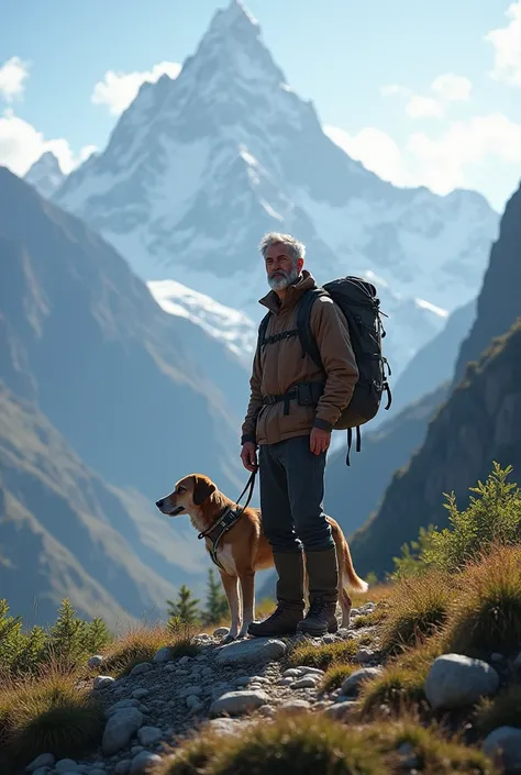 A man aged 30 years standing with a dog in Nepal Himalayas