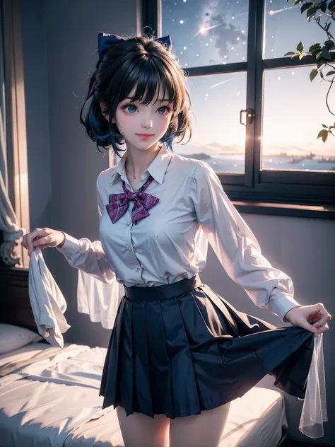 (Masterpiece、Highest quality、8ก ),complicated details,Superb details,soft focus、((A pretty and lovely girl:1.4)),(smile a little:1.2)、blue hair、smooth、long hairstyle、(bow tie、school shirt、Slightly concave in the middle of the chest ,short skirt,Spread in w...