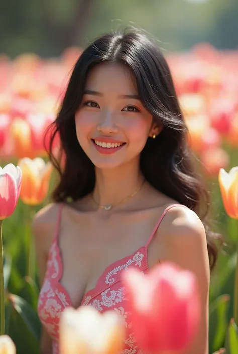 A cute Asian woman in a tulip garden, wearing a pink and white dress, showing his natural charm and outgoing and charismatic personality.