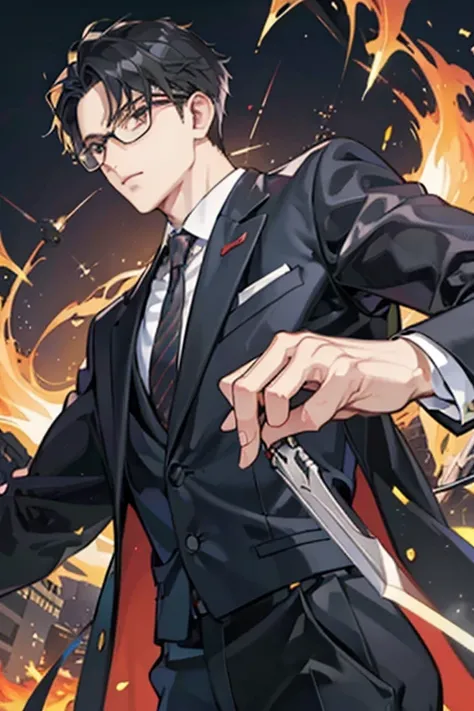 Black Hair,all back,Under-rim glasses,lawyer,business suit,A sharp face,Stocky figure,Slanted Eyes,