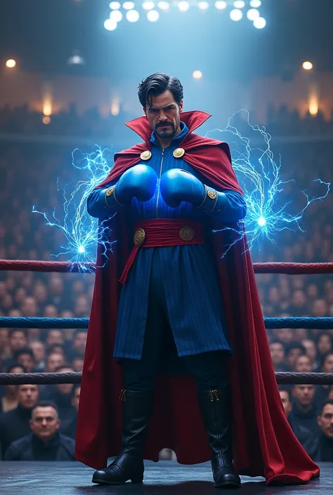 a boxing ring, siêu anh hùng marvel, docter strange , wearing blue boxing gloves