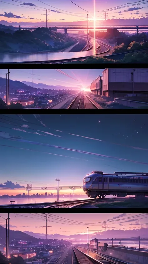 Animated scene of a train passing under a pink and purple sky, Anime drawing by Makoto Shinkai, Topics on pixiv, magical realism, Beautiful anime scene, Space Sky. by Makoto Shinkai, ( ( Makoto Shinkai ) ), by Makoto Shinkai, Anime Background Art, style of...