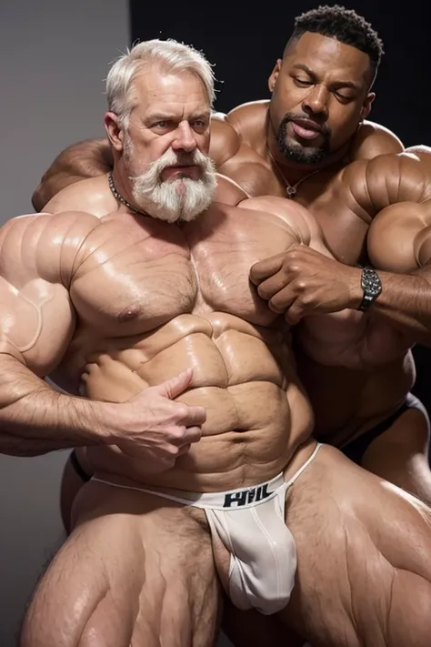 Hyperrealistic image of two black-skinned men on the cover of a gay erotic magazine posing hugging each other like very muscular superheroes with grey hair, very old and very sweaty bodybuilder over 80 years old..very muscular and fat, He weighs more than ...