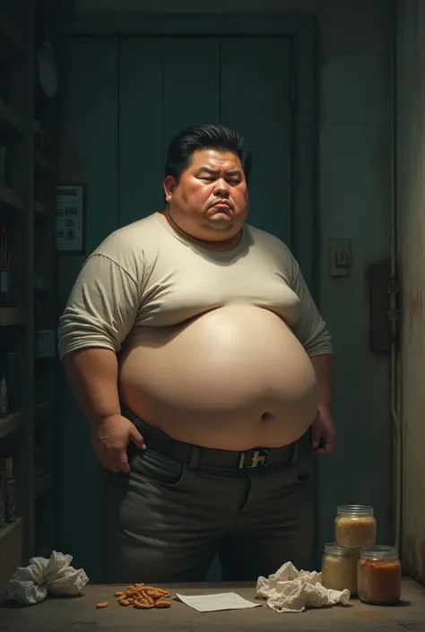 Sad man with large belly because of lots of fat anf improper diet. Make it look like asian