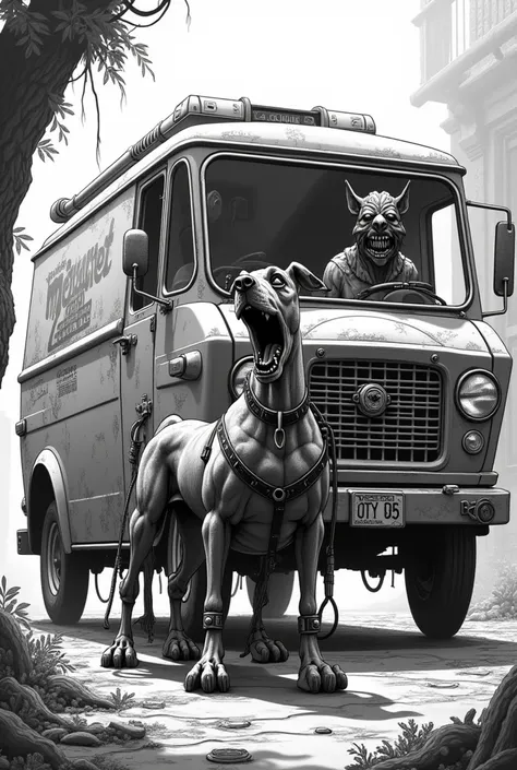 Masterpiece cyberpunk comic in black and white, the characters Shaggy and Scooby as cybernetic zombies in the background of the mythical van, ultra detailed image in 8k, Shaggy zombie, Scooby zombie, van of mysteries, terrifying cyberpunk image,