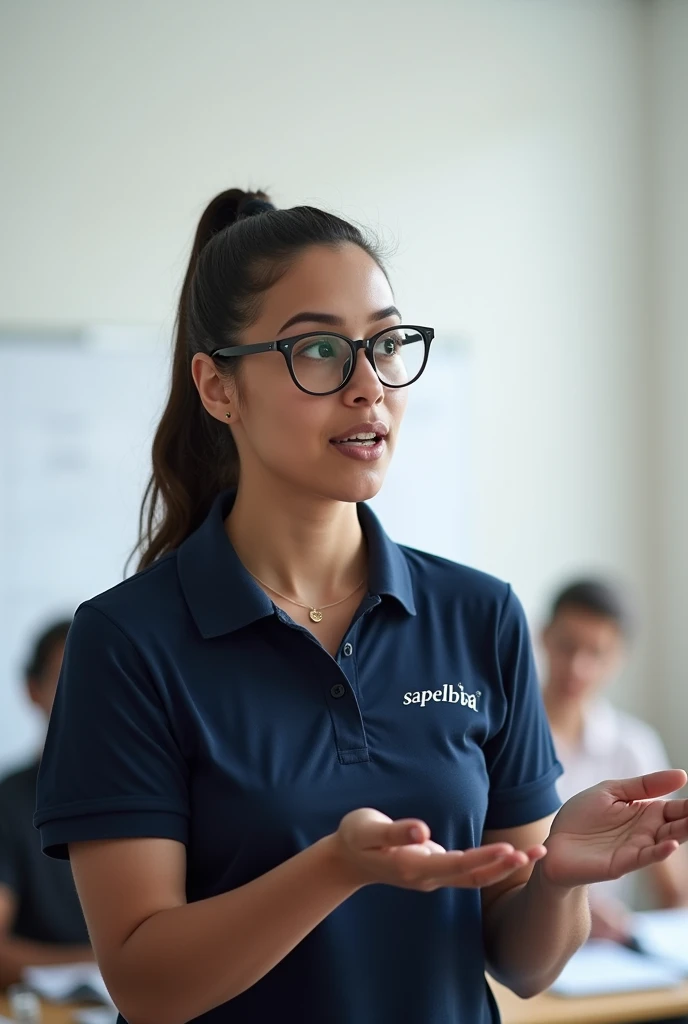 a one woman, with a ponytail wearing glasses as if explaining something, and she is in a room alone with white walls, with a navy blue polo shirt and has the name written on the right side of the chest "Sapelba", Brazilian. 