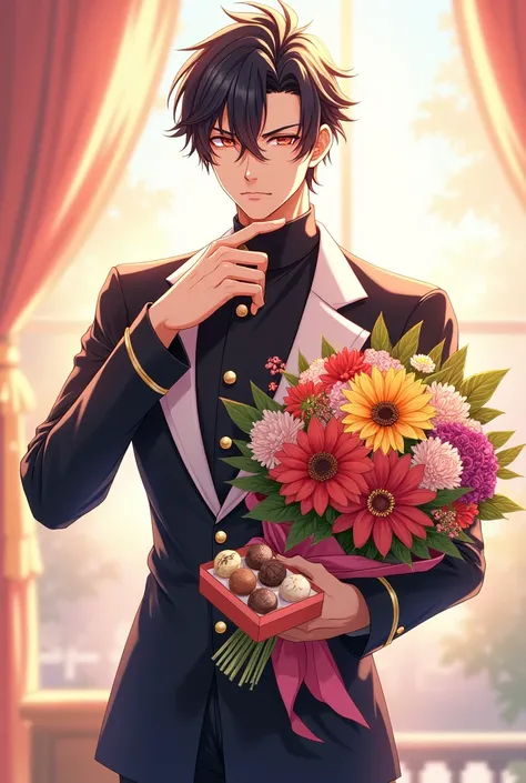 Tartaglia holding a bouquet of flowers and chocolates in a bright background 