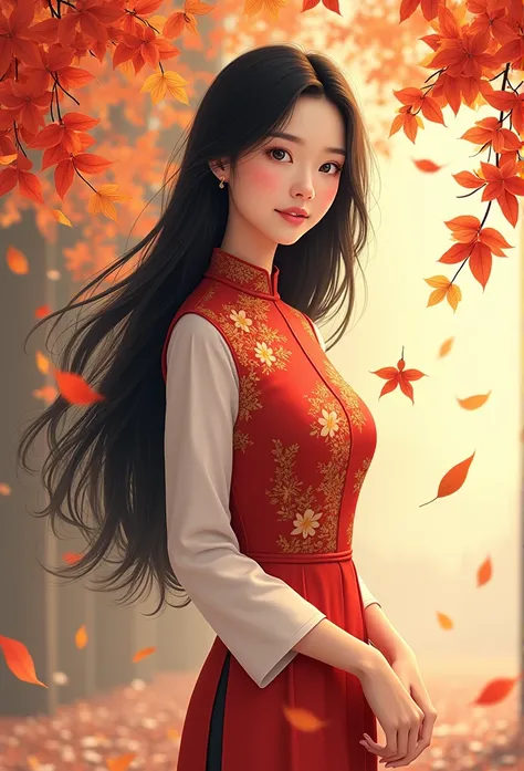 Character wearing school uniform Vietnamese Ao Dai, beautiful black hair female autumn leaves, poinciana flowers,simple,simle,