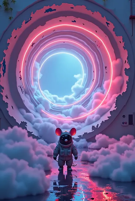 Surreal，A spiral vortex continues from above all the way to the back.，Gradually getting smaller，Gradation，Mysterious Neon，Spot Flash、Wrapped in a beautiful mist，Cute Pixar-style deformed mouse running，Spacesuit，White wall，Soft glow