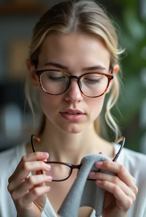 Color photo of a white American woman cleaning her spectacles with a microfiber cloth, holding the glasses in her hands, capturing a close-up of the action in a natural, realistic setting, mobile photograph, camera settings: iPhone 12 Pro, VSCO Cam app, in...