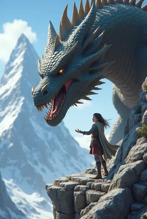 Girl touching a angry dragon head on a mountain 