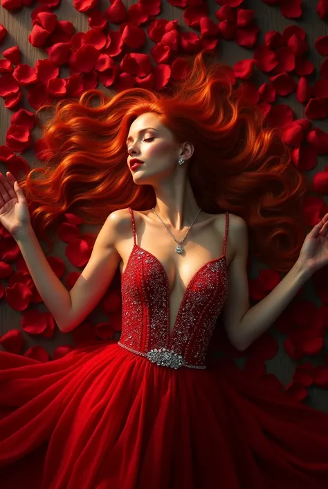 cinematic scene, a beautiful woman with long red hair in a red evening shiny dress decorated with diamonds, lying in the petals of scarlet roses, arms outstretched, petals falling from above, shine, magically, overhead photo, high detail, clarity, HDR, cin...