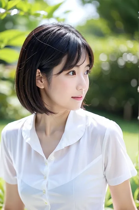 2 women　whiteいナース服を着て笑顔を見せる50代の女性　No buttons　 Japanese woman with short sleeves and black hair　Upper body close-up　Outdoor shooting　Harmony々　white