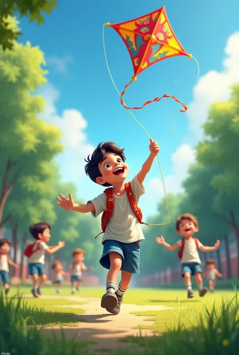 There is a wide playground of school, with lots of trees and grass. Children are playing. A boy, , is flying a beautiful colourful kite.  He is so happy.